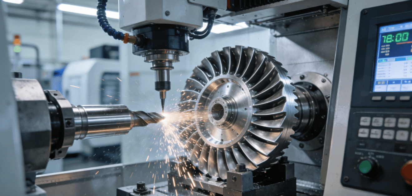 A high-precision 5-axis CNC machine from JS Precision actively machining a complex aerospace aluminum impeller in a single setup, demonstrating advanced manufacturing capabilities.