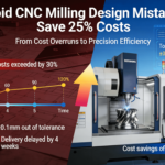 Industrial comparison diagram showing traditional CNC milling design errors (cost overruns, tolerance failures) versus optimized design solutions (25% cost savings, ±0.005mm precision) for aerospace and automotive components