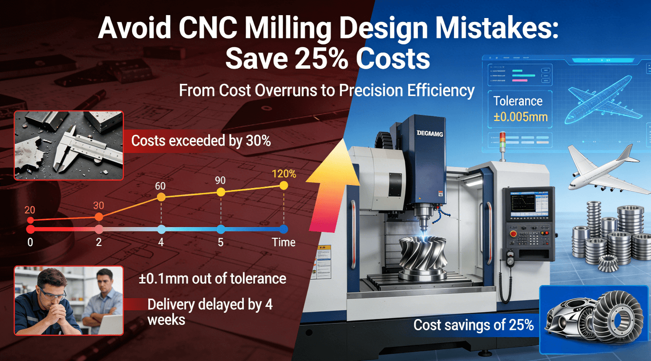 Industrial comparison diagram showing traditional CNC milling design errors (cost overruns, tolerance failures) versus optimized design solutions (25% cost savings, ±0.005mm precision) for aerospace and automotive components